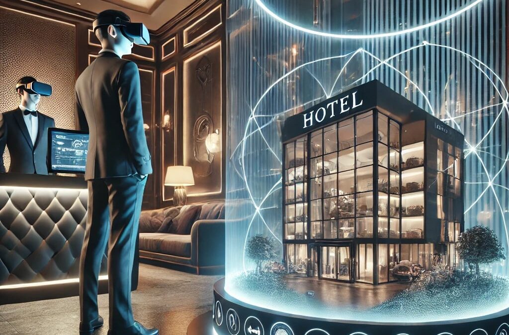 A-futuristic-boutique-hotel-lobby-with-a-sleek-modern-design-featuring-a-virtual-reality-station-where-a-guest-is-exploring-a-VR-tour-of-the-hotel